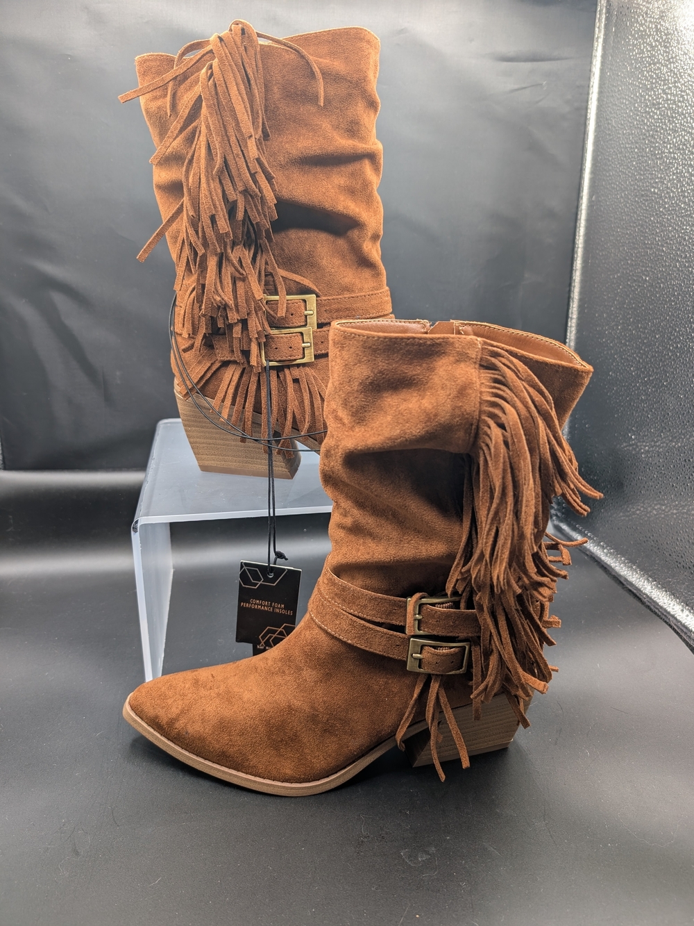 Suede Fringe Mid-Calf Heeled Boots - Brown